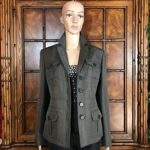 Kasper Brazilian Sky Chocolate Shadow Stripe Leopard Lined Modern Safari Jacket